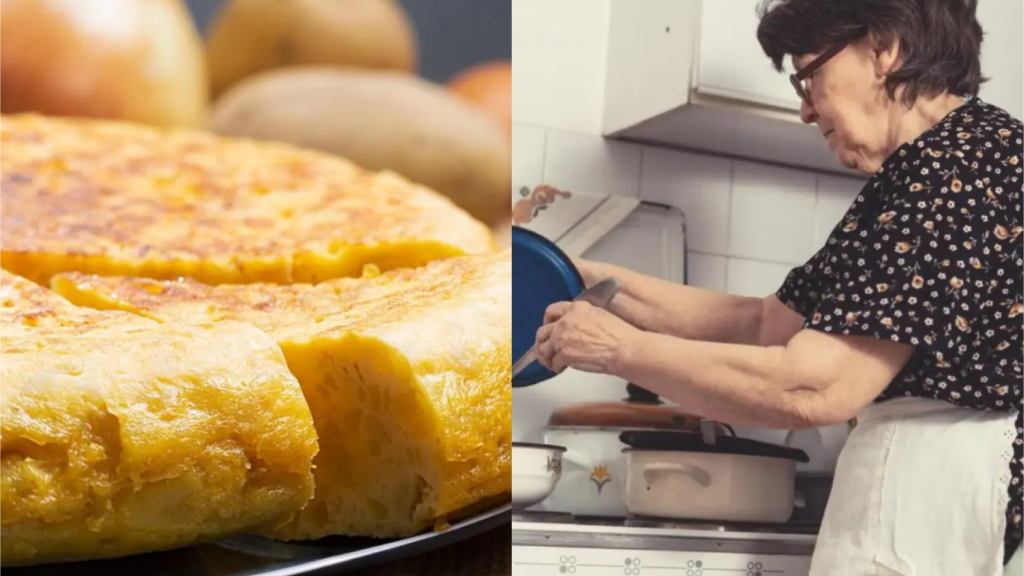 Una abuela haciendo una tortilla de patatas.
