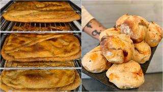 Empanadas y bollos rellenos de chorizo de la panadería Moega.