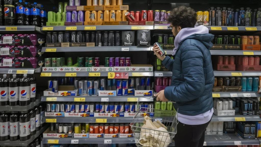 Un joven mirando bebidas energéticas en un supermercado