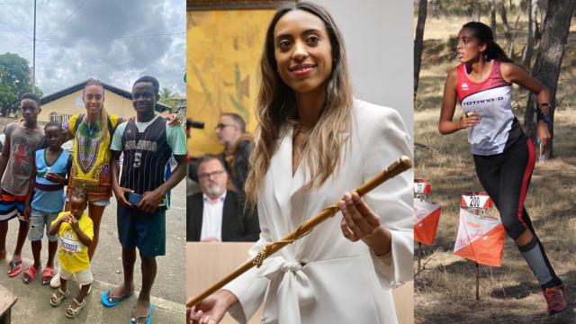 Rosa Sánchez Bishop toma posesión como alcaldesa de Alhama de Murcia. A la izquierda, una foto de ella con sus primos en Guinea Ecuatorial; y a la derecha, una imagen en su etapa de corredora.