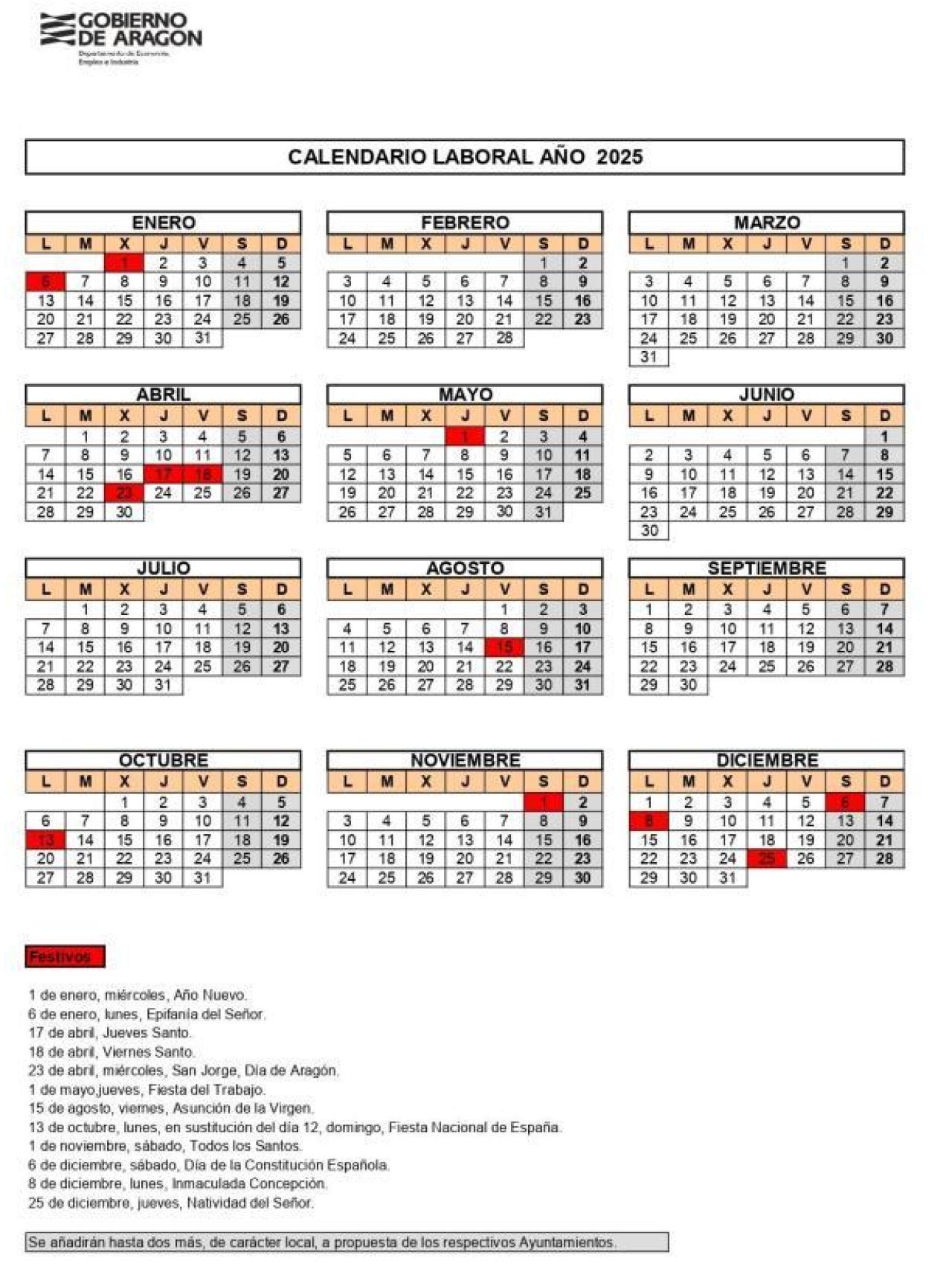 Calendario laboral Aragón.