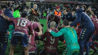 Celebración del Pontevedra tras la victoria ante el Mallorca.
