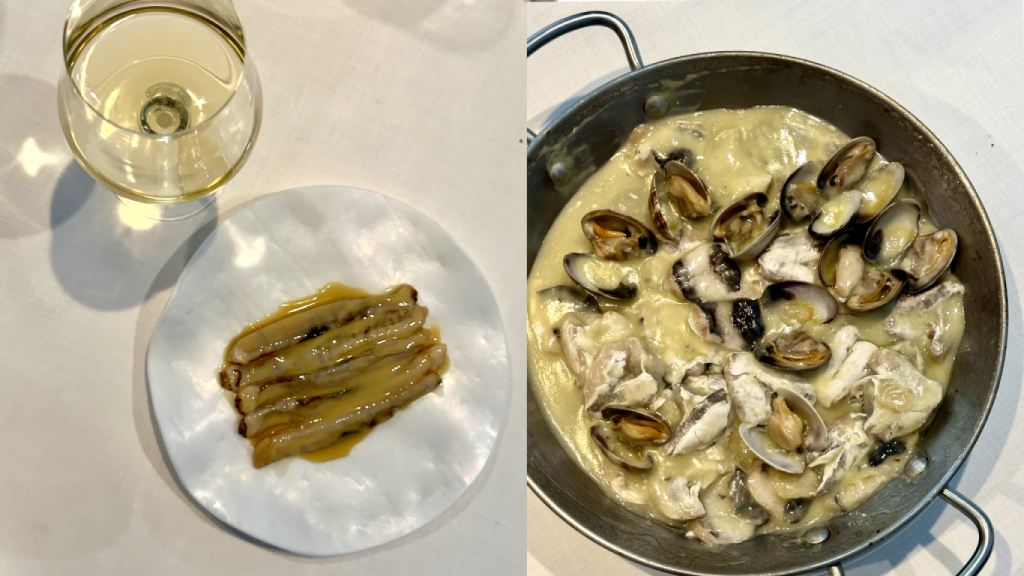 Las navajas sobre escabeche de pollo y la cazuelita de almejas y kokotxas de Askua.