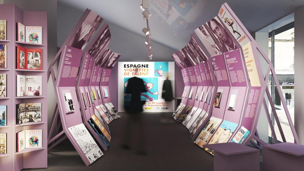Vista de la exposición del Pabellón de España en el Festival de Cómic de Angulema dedicada a los galardonados con el Premio Nacional del Cómic. Foto cedida por el Ministerio de Cultura