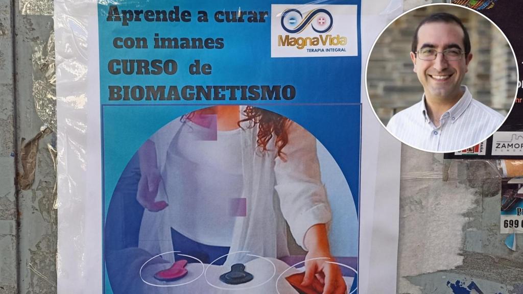 Cartel promocional del curso de biomagnetismo junto a una imagen del experto en sectas, Luis Santamaría