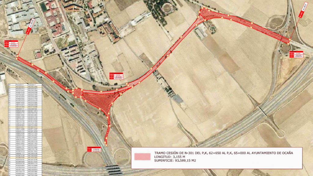 En rojo, el tramo cedido al Ayuntamiento de Ocaña.