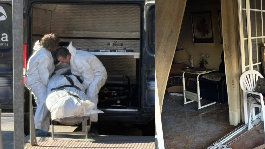 El cuerpo de uno de los fallecidos en el incendio y la vivienda quemada.