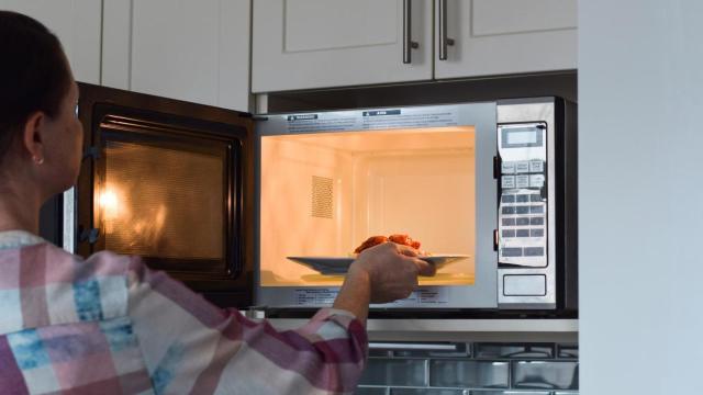 Una mujer colocando un plato de comida en un microondas.
