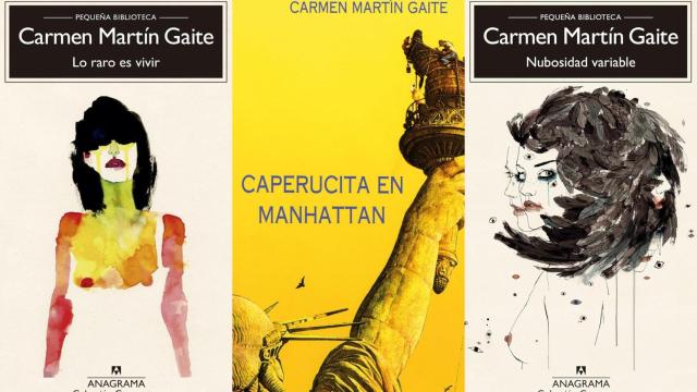 Cubiertas de los libros 'Qué raro es vivir', 'Caperucita en Manhattan' y 'Nubosidad variable', de Carmen Martín Gaite