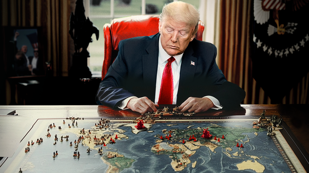Ilustración de Donald Trump jugando al Risk en el Despacho Oval