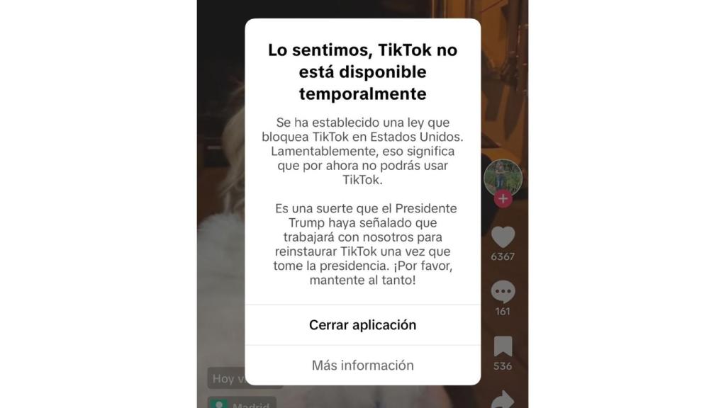 Aviso de TikTok al entrar a la app en Estados Unidos