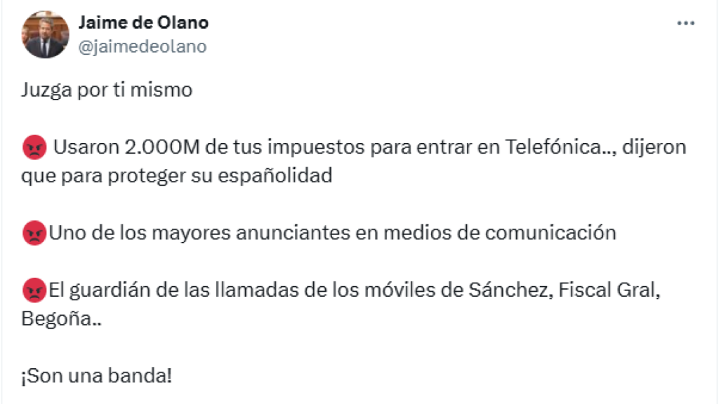 El mensaje publicado en X por el portavoz adjunto de Economía del PP, Jaime de Olano.