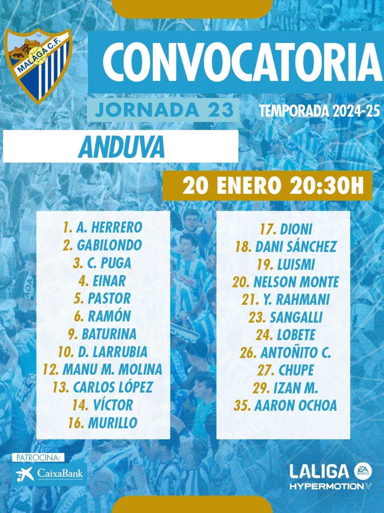 Convocatoria del Málaga CF para el partido contra el Mirandés