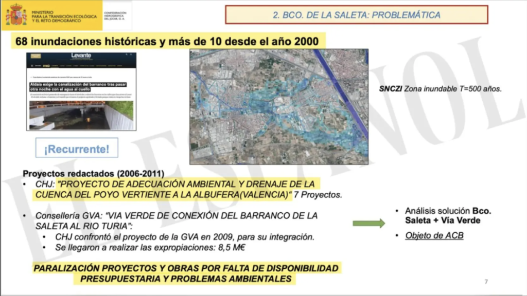 Presentación de la Confederación Hidrográfica del Jucar que justifica la paralización de las obras en los barrancos del Poyo y la Saleta. CHJ / Diseño EE
