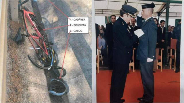 La inspección realizada por la Policía Judicial en la carretera nacional N-340, el 26 de octubre de 2024, donde se produjo el atropello mortal de Rafal León, junto a una imagen suya, cedida por su familia, recibiendo una condecoración en su etapa en la Guardia Civil.