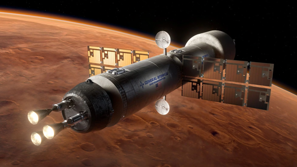 Imagen de un modelo de nave espacial con un propulsor termal nuclear