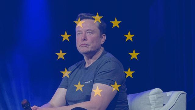 Fotomontaje de una fotografía de archivo de Elon Musk con la bandera de la UE