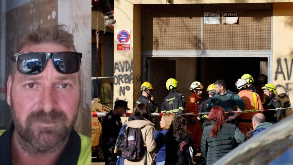 A la izquierda, una foto de Antonio saliendo de un garaje en Benetússer, y a la derecha, servicios de emergencia desplazados para rescatar el cuerpo de Antonio después del accidente.