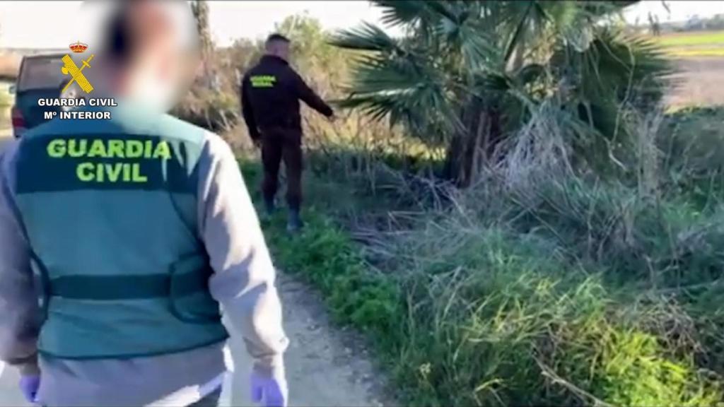 Agentes de la Guardia Civil exploran la zona donde el ladrón escondía las bombas de riego.