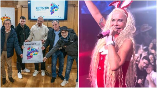 Leticia Sabater, a la derecha de la imagen, presentación del cartel del Entroido de Xinzo, a la izquierda.