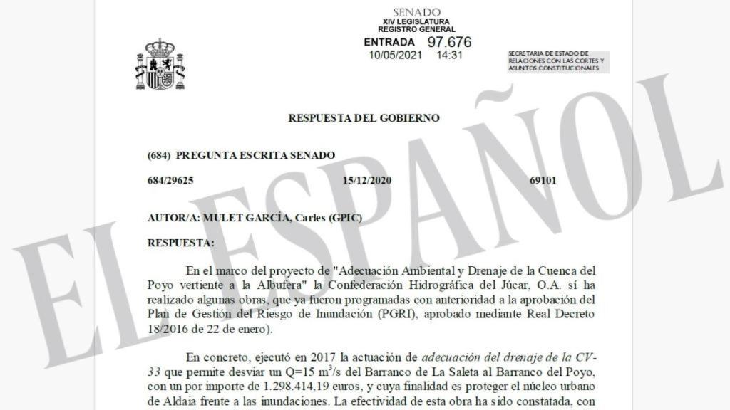 La respuesta del Gobierno a una pregunta sobre a Cuenca del Poyo del senador Carles Mulet. EE