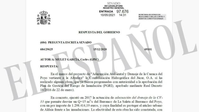 La respuesta del Gobierno a una pregunta sobre a Cuenca del Poyo del senador Carles Mulet. EE