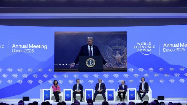 Donald Trump, presidente de Estados Unidos, conversa con Ana Botín, presidenta de Santander;  Brian Moynihan, CEO de Bank of America; Patrick Pouyanne, CEO de TotalEnergies; Stephen Schwarzman, CEO de Blackstone Group y Borge Brende, presidente y CEO del Foro Económico Mundial.