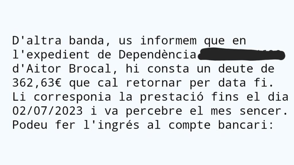 Captura de pantalla en la que la Generalitat notifica a Ana Mourelo la deuda de 362,63 euros por su hijo.