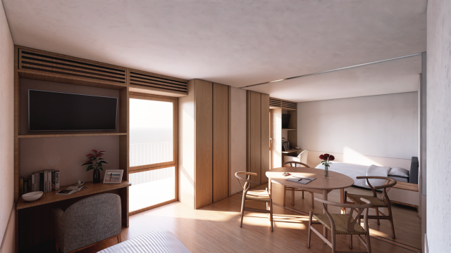 Una habitación de la residencia de San Blas según el render distribuido por la Comunidad de Madrid.