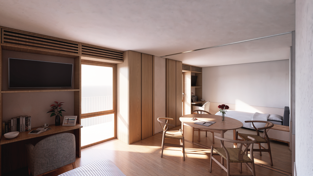 Una habitación de la residencia de San Blas según el render distribuido por la Comunidad de Madrid.