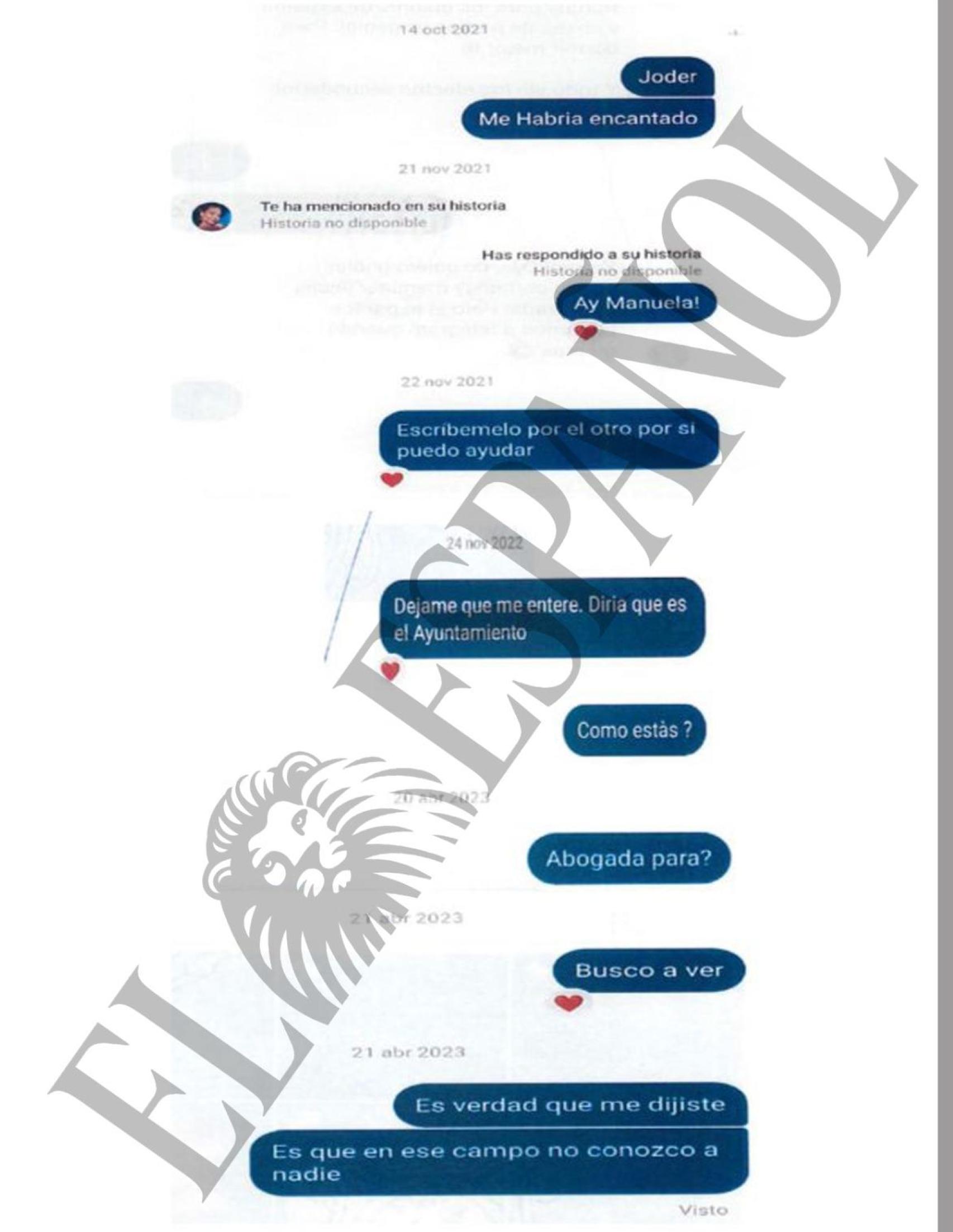 Chat de Instagram aportado por Errejón al juez, en el que los mensajes enviados por Mouliaá aparecen borrados.
