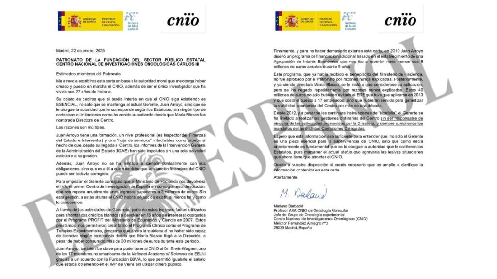 Mariano Barbacid ha escrito al patronato del CNIO defiendo al actual gerente.