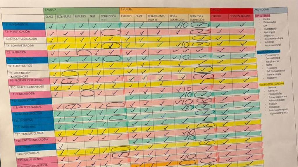 El calendario con el que se ha organizado para estudiar Lucía.