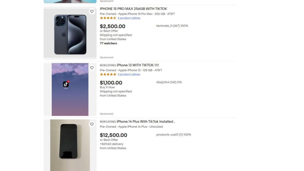 Listado en eBay de móviles con TikTok preinstalado
