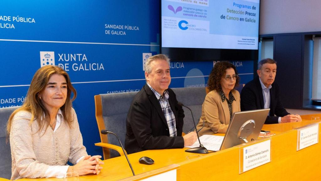 La investigadora del IDIS Manuela Gago, el conselleiro de Sanidade, Antonio Gómez Caamaño, la directora xeral de Saúde Pública, Carmen Durán, y el investigador del Instituto de Investigación Galicia Sur Esteban Castelao.