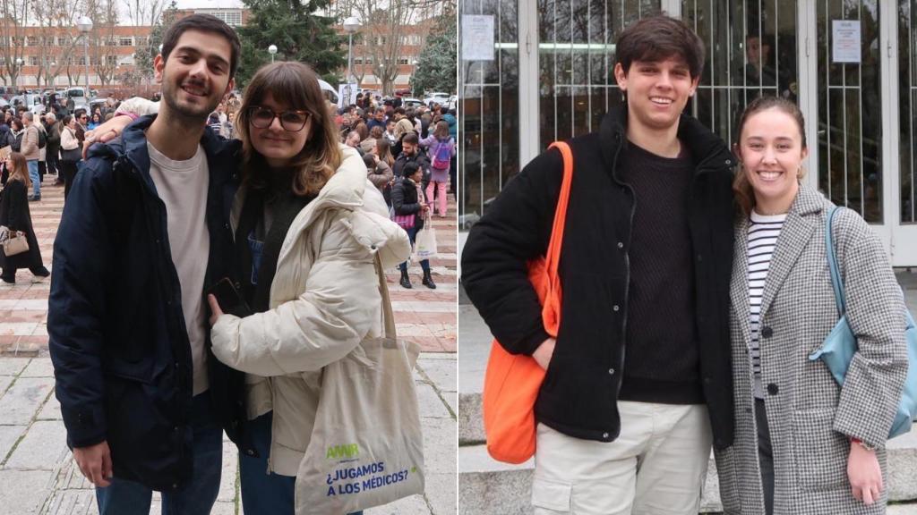 A la izquierda, los médicos Juan Manuel Fullana y Carolina Falcón. A la derecha, Marcos Díaz y María Criado, que han hecho el examen MIR este sábado.