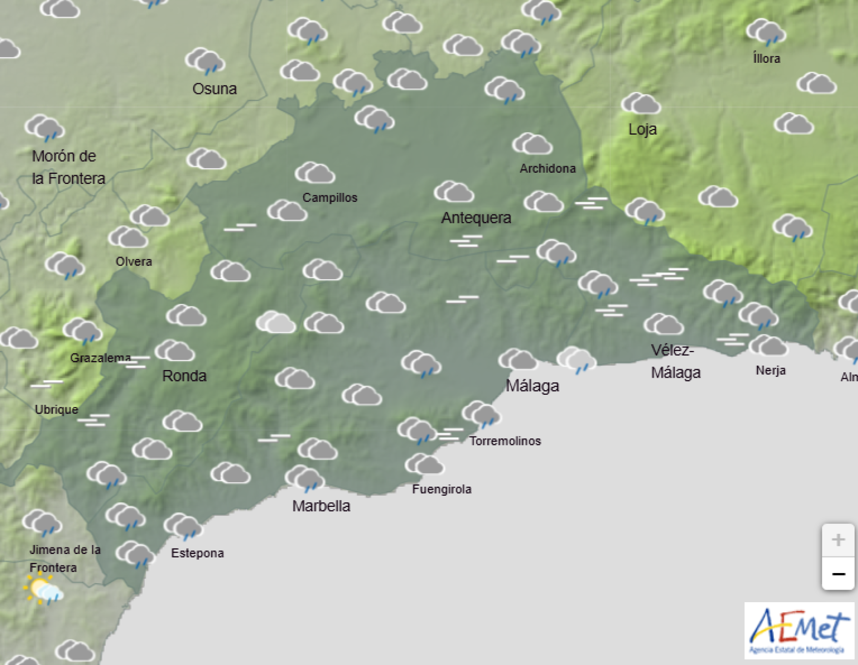 Mapa del tiempo en la provincia de Málaga este lunes.