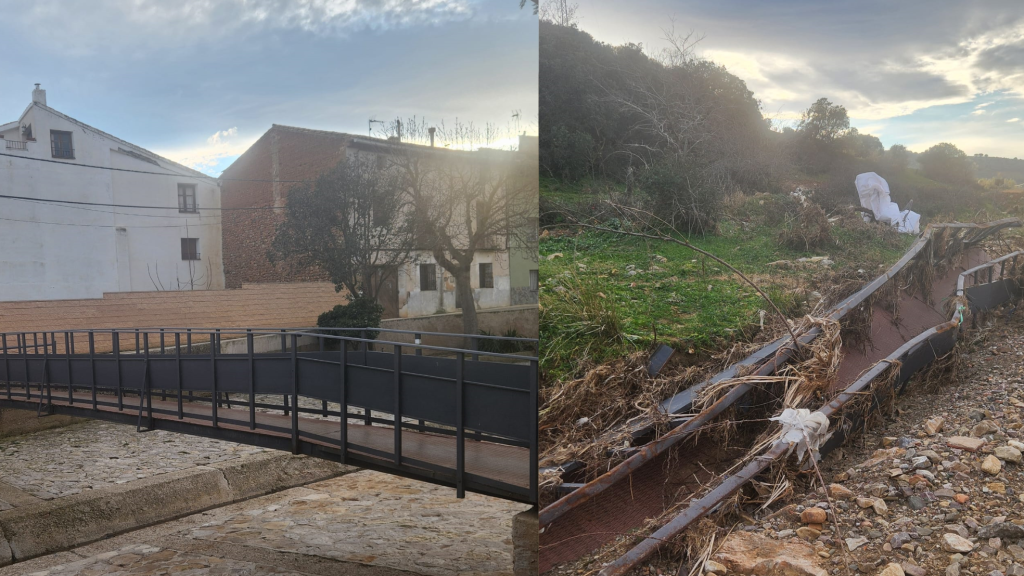El antes y el después del puente en Herrera de los Navarros, tras la DANA.
