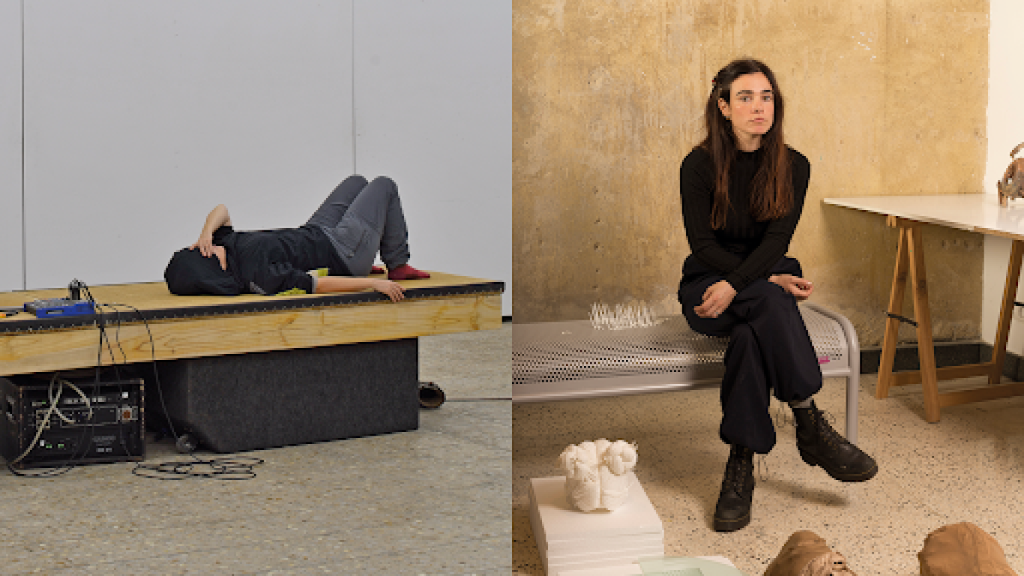 Clara Montoya en la pieza '40 Hz', 2024. Foto: Olivier Dupont / Clara Montoya.  A la izquierda, retrato de Nora en su estudio, 2024. Foto: Nora Aurrekoetxea / Ander Agastiberri