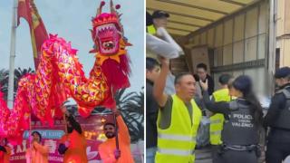 Una celebración de Año Nuevo en Elche en 2023 (izquierda) y chinos ayudando en Valencia tras la dana (izquierda).
