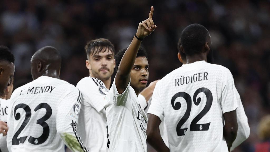 Rodrygo celebra un gol con el Real Madrid en Champions League