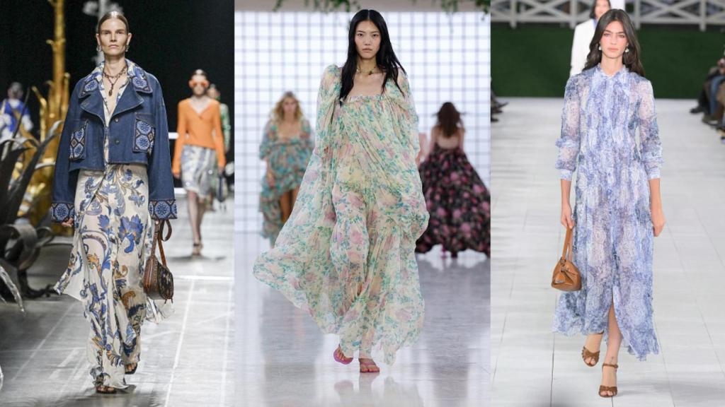 Siluetas de los desfiles primavera-verano 2025 de Etro, Chloé y Ralph Lauren.