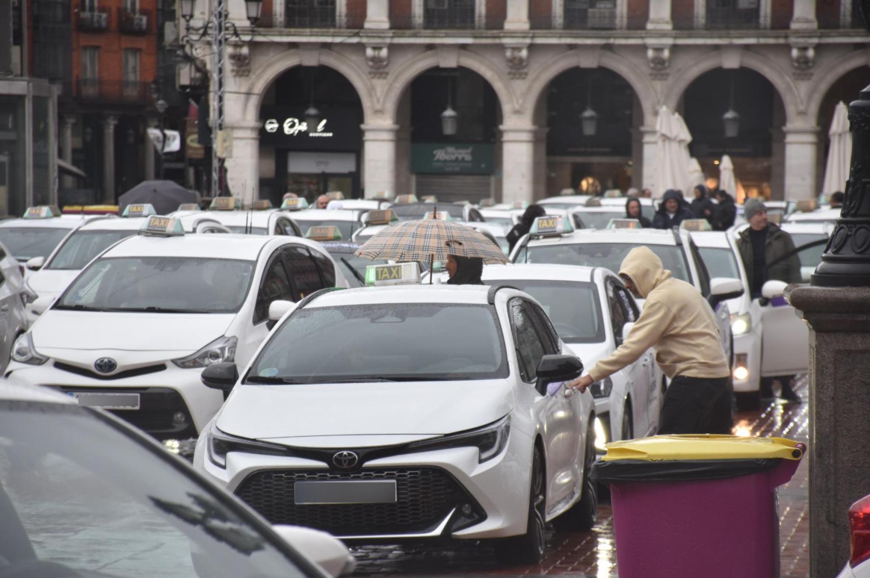 La caravana de taxis ha hecho parada en la Plaza Mayor de Valladolid