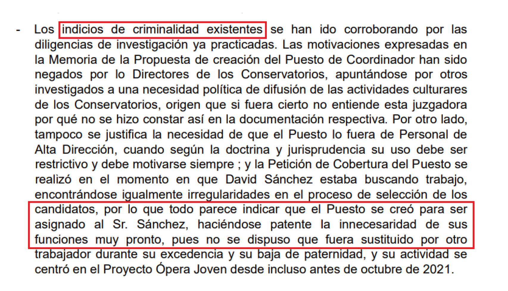 Fragmento del auto de la juez sobre el puesto de David Sánchez.