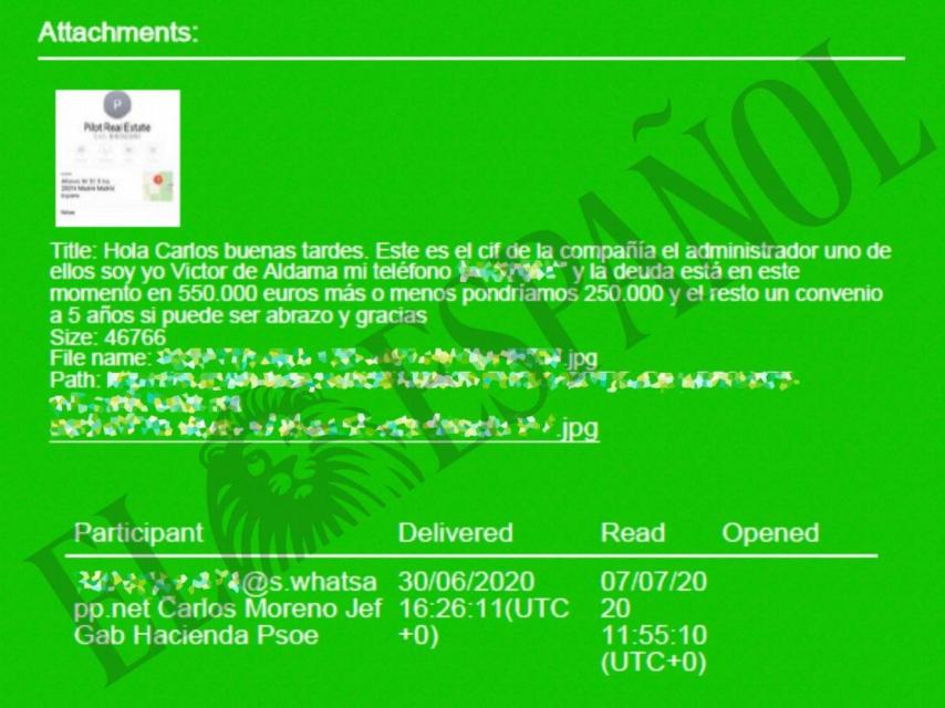 Whatsapp de Víctor de Aldama a Carlos Moreno, jefe de Gabinete de María Jesús Montero, encontrado por la UCO en el móvil encriptado del empresario.