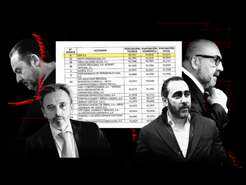 José Luis Ábalos, Manuel Contreras -presidente de Azvi-, Koldo García y Víctor de Aldama en una ilustración.