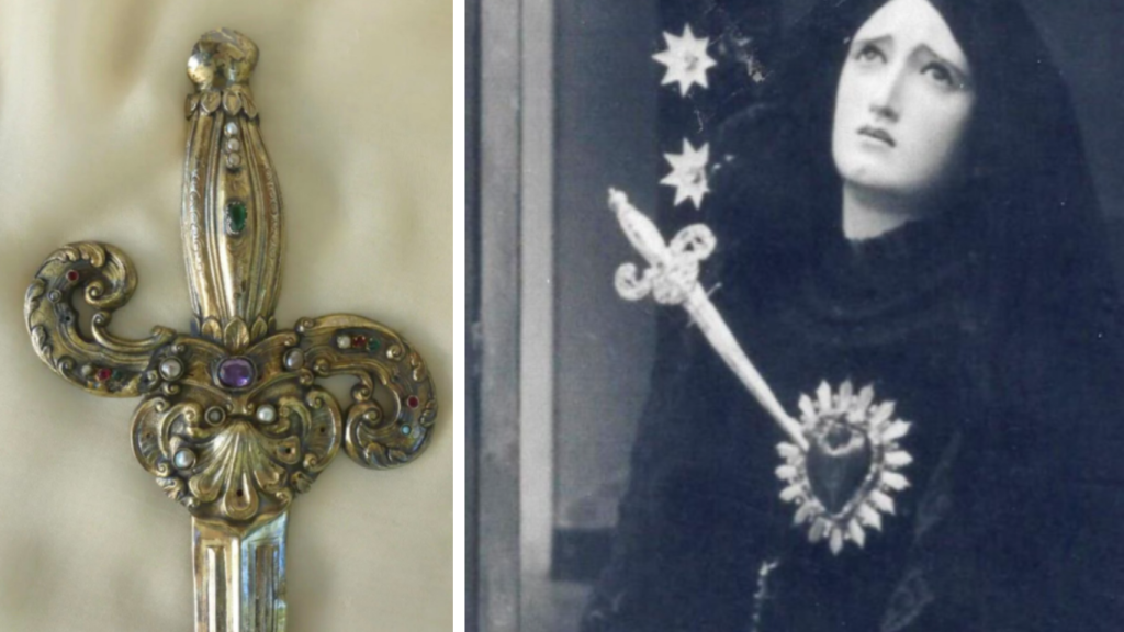 El puñal robado y una estampa de la Virgen con él.