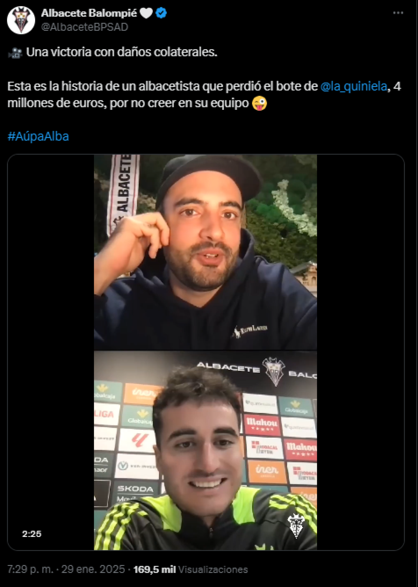 Imagen del post que ha compartido el Albacete en redes sociales del encuentro del aficionado con Jon Morcillo