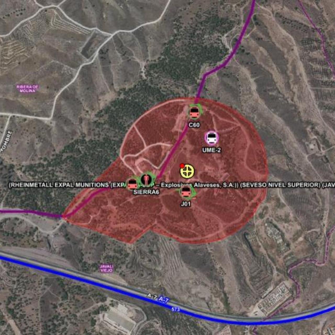 El plano del incendio producido por la deflagración en la fábrica de Rheinmetall en Javalí Viejo.