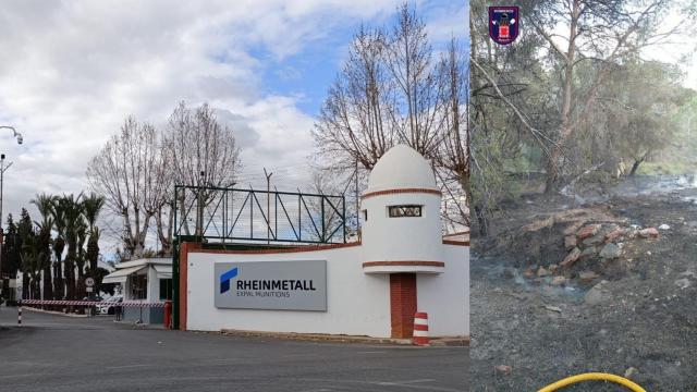 A la izquierda, una entrada a la fábrica de Rheinmetall en Javalí Viejo, y a la derecha, una foto de los restos del incendio producido por la explosión.
